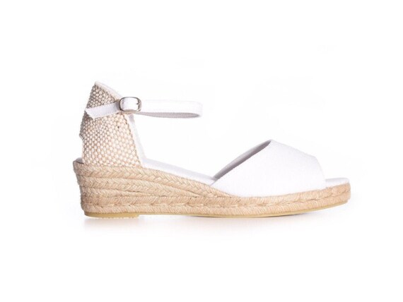 ANNA Peep Toe Ankle Strap WHITE Wedge Espadrille Boho Style Low Heel Bridal reception Baby Shower Casual Wedding Flats comfortable Etsy