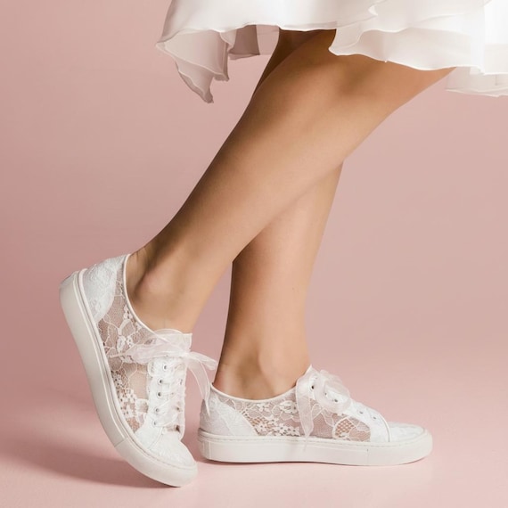 Natalie Bridal Lace Sneakers, Flat sports bridal shoes, comfortable shoes, Wedding dancing shoes, Wedding Sneakers