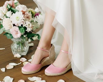 Pink Satin Bridal Espadrilles, Low Wedges, Ankle Strap Wedding Shoes