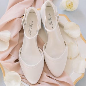 Rachel, Satin Bridal Low Heels Wedding Flats Shoes, Ankle Strap Bridal Shoes, comfortable dance Bridesmaids Shoes, after ceremony, off white