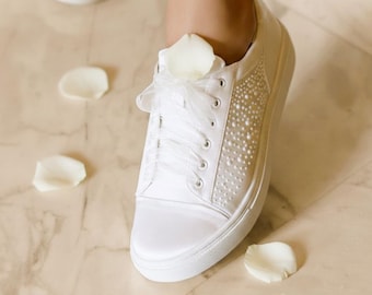 Beatrice Bridal Pearl Sneakers, Flat sports bridal shoes, comfortable shoes, Wedding dancing shoes, Wedding Sneakers, lace, organza