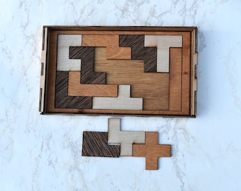 Pentomino Puzzle Box Natural Wood - Tetris-Inspired Challenging - Math Puzzle