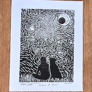 Woman and Dog Sitting Under Stars Handcarved Block Print Linocut