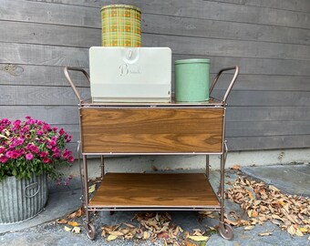 Mid Century Modern Folding Bar Cart, Faux Wood Trolley Cart