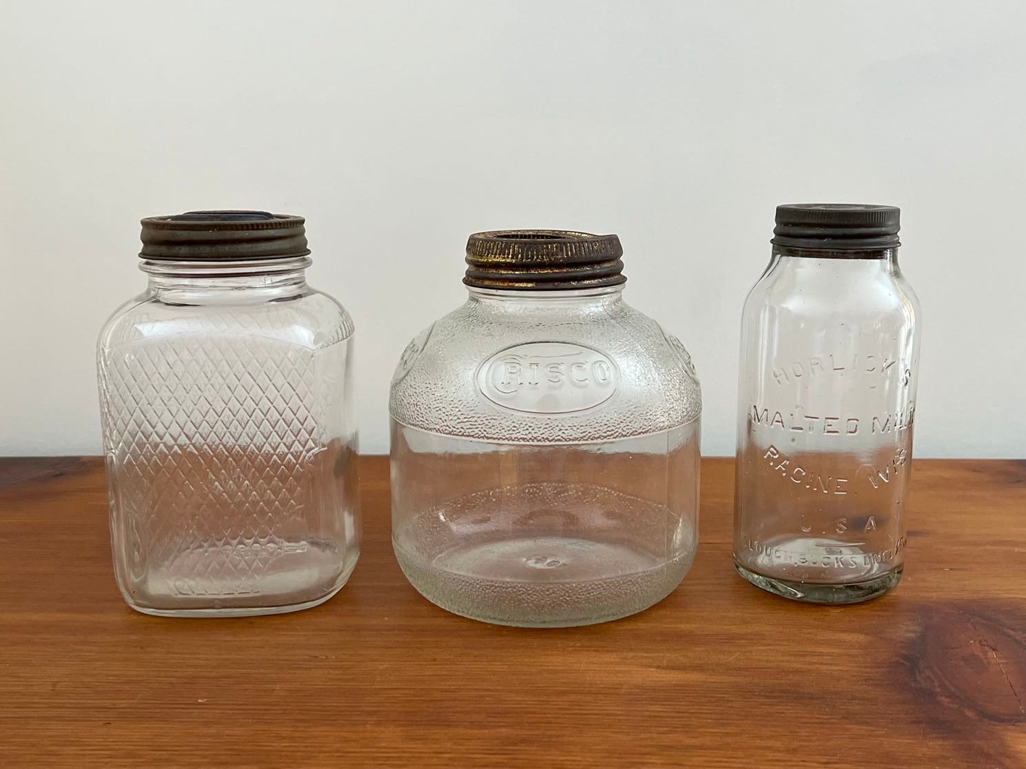 Vintage Glass Tilt Jars Wood Lids Counter Display Canister Set of 3 Blown  Glass