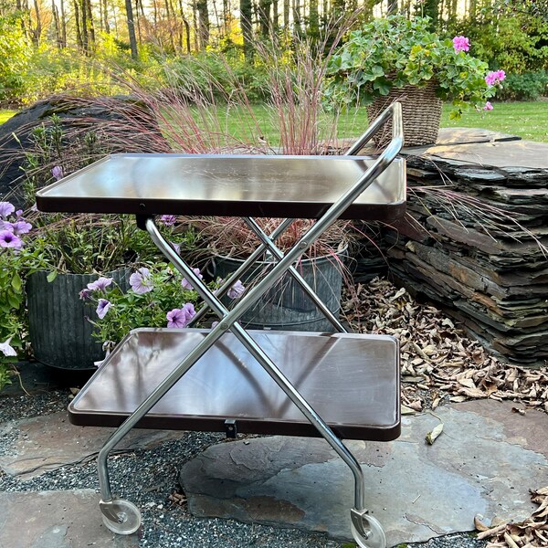 Mid Century Modern Bar Car, Vintage Brown Collapsible Cart, COSCO Rolling Utility Cart