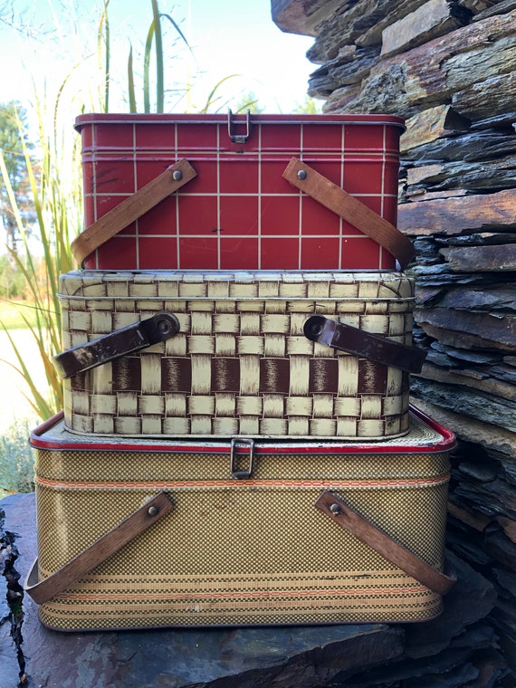 Vintage Metal Picnic Baskets Plaid Tin Box sold Seperately Etsy