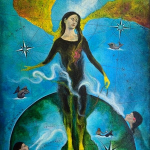 Pintura al óleo original sobre papel, Mujer del océano en un mapa Regalo de arte mural inspirado en la geografía para la madre obra de arte única en su tipo única en América Latina