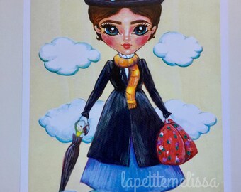 May include: A cartoon illustration of a woman with large eyes wearing a black dress, a black hat with white flowers, and a yellow scarf. She is holding a red bag and an umbrella with a bird on top. The background is a yellow and white striped pattern with white clouds.
