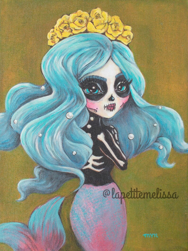 Pearla Dia de Los Muertos Mermaid fine art print 8x10 image 1