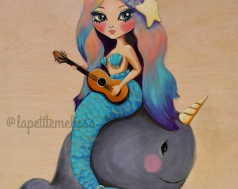 Oceana art print illustration mermaid and narwhal whimsical magical fantasy art 8x10, 11x14- Melissa Victoria Nebrida