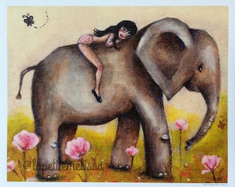 Girl on a Journey- Elephant print 5x7, 8x10, cute whimsical art