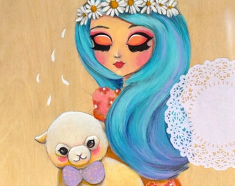 Daisy art 8x10 print of original painting illustration by Melissa Victoria Nebrida- bigeye whimsical art, blue hair, flower crown, sheep