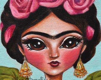 Frida with Roses- Frida Kahlo inspired portrait, whimsical illustration, art print by Melissa Victoria Nebrida