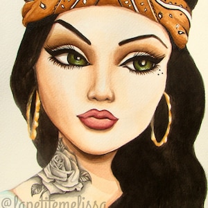 Chola portrait with rose tattoo art print &quot;La Green Eyes&quot;