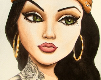 Chola portrait with rose tattoo art print "La Green Eyes"