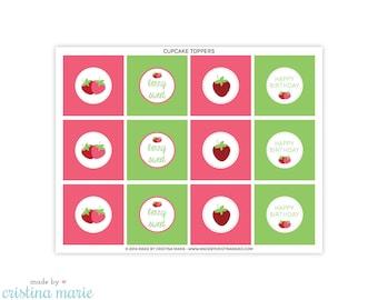 INSTANT DOWNLOAD, strawberry party, cupcake toppers, printable cupcake toppers, party circles