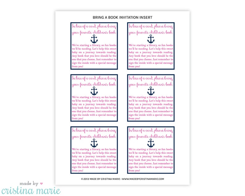 INSTANT DOWNLOAD, Nautical Girl Baby Shower, Bring a Book, Printable ...