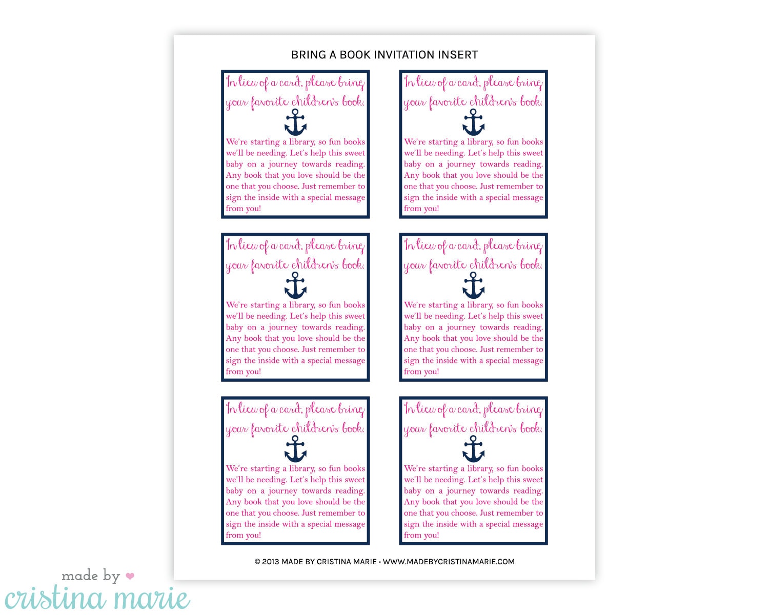 INSTANT DOWNLOAD, Nautical Girl Baby Shower, Bring a Book, Printable ...