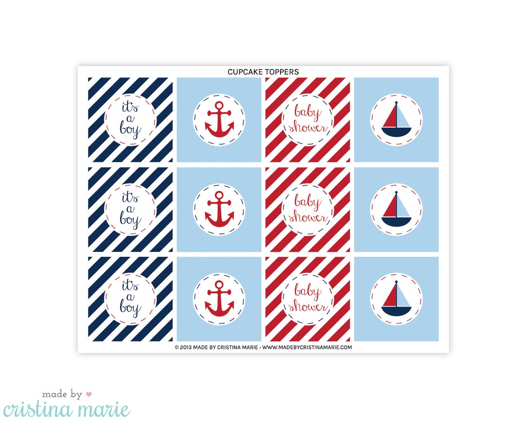 INSTANT DOWNLOAD, Nautical Baby Shower, Cupcake Toppers, Printable