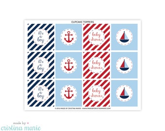 INSTANT DOWNLOAD, nautical baby shower, cupcake toppers, printable cupcake toppers, party circles