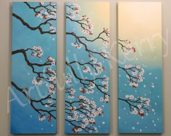 Cherry Blossom Triptych: Original Oil Painting 3 Panels 12" x 36"