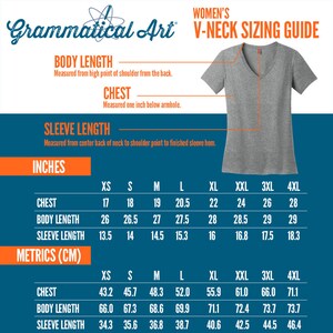 May include: A chart showing women's V-neck t-shirt sizing guide in inches and centimeters. The chart includes measurements for chest, body length, and sleeve length for sizes XS to 4XL.