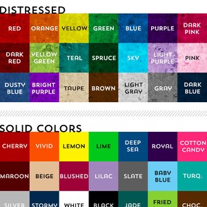 May include: A color chart with distressed and solid color options, including red, orange, yellow, green, blue, purple, and pink. The text reads "GRAMMATICAL ART new color options."