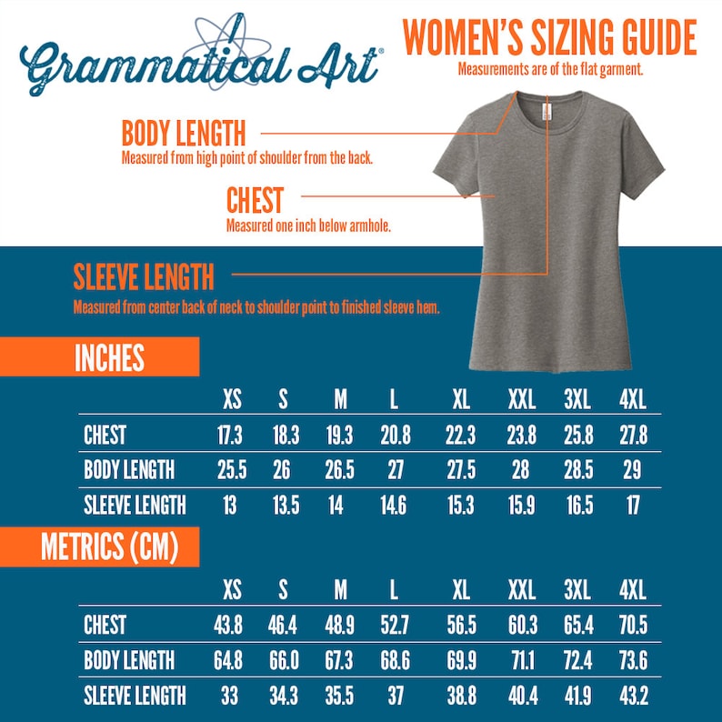 May include: A women's sizing guide chart with measurements in inches and centimeters for chest, body length, and sleeve length. The chart includes sizes XS through 4XL.