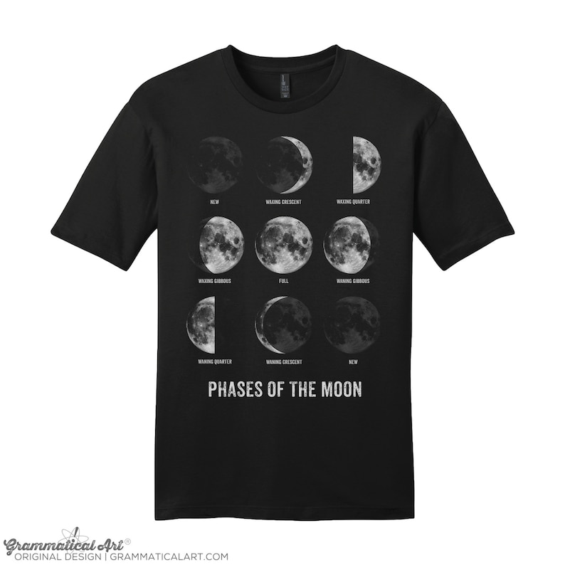 May include: Black t-shirt with a graphic of the phases of the moon. The graphic shows the moon in different stages of its cycle, from new moon to full moon. The text "PHASES OF THE MOON" is printed below the graphic.