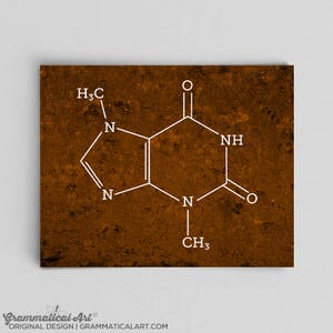 May include: A white chemical structure diagram of caffeine on a brown textured background. The chemical formula is shown as H3C, N, NH, CH3, and O.