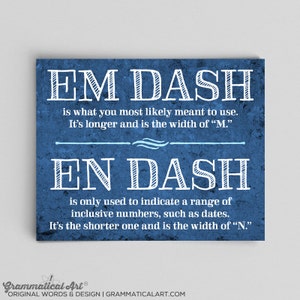 Può includere: Un poster di design grafico blu e bianco con il testo "EM DASH is what you most likely meant to use. It's longer and is the width of "M."". Il testo "EN DASH is only used to indicate a range of inclusive numbers, such as dates. It's the shorter one and is the width of "N."" è incluso.