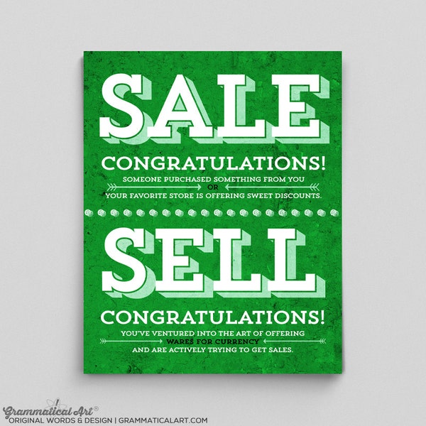 Sale vs. Sell Grammar Comparison Usage English Rules Seller Teacher Gift Sales Sells Typographic Print Shop Owner Print Business Signs