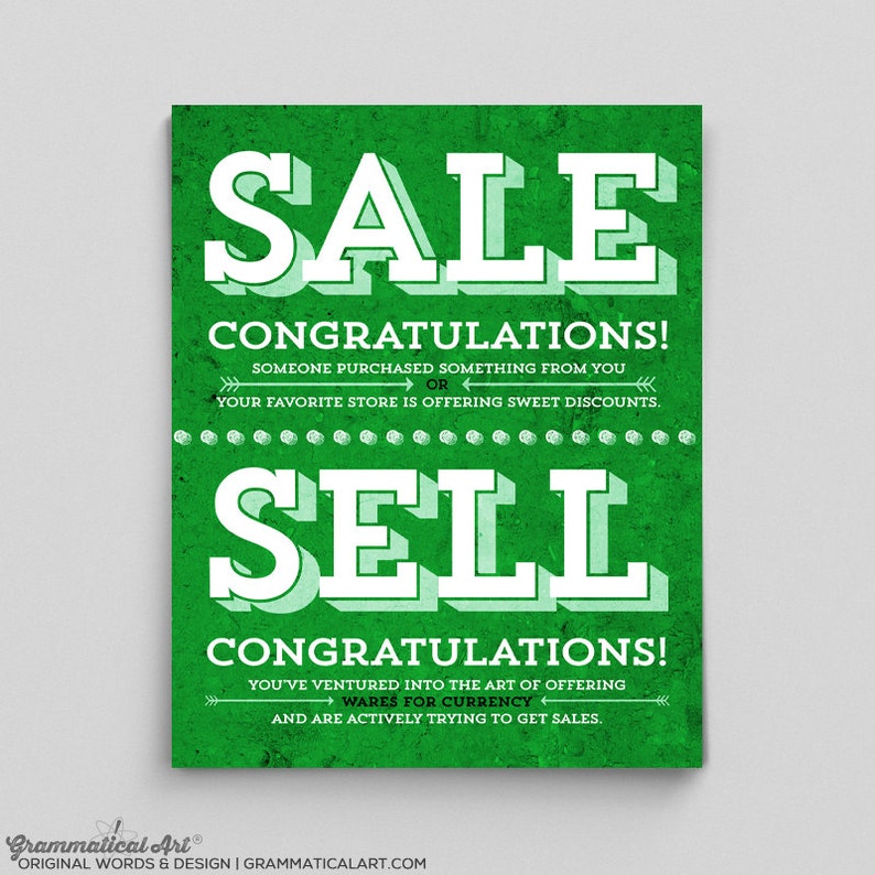 Sale vs. Sell Grammar Comparison Usage English Rules Seller Teacher Gift Sales Sells Typographic Print Shop Owner Print Business Signs image 1