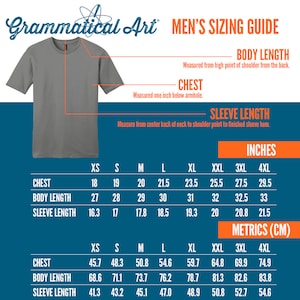 May include: A men's sizing guide chart with measurements in inches and centimeters for chest, body length, and sleeve length. The chart includes sizes from XS to 4XL.