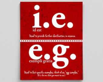 May include: Red and white graphic with the abbreviations "i.e." and "e.g." defined. The text reads "i.e. id est Used to provide further clarification; in essence. e.g. exempli gratia Used to list specific examples; think of as "egg samples." It's the one that you meant to use."