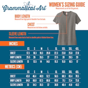 May include: A women's sizing guide chart with measurements in inches and centimeters for chest, body length, and sleeve length. The chart includes sizes XS through 4XL.