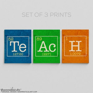 May include: Set of 3 prints featuring the periodic table elements Te, Ac, and H. Each print has a different colored background: blue, green, and orange. The prints include the element's atomic number, symbol, and atomic mass.