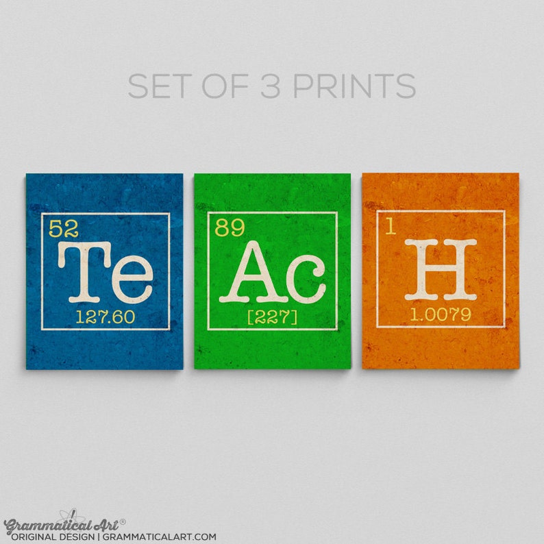 May include: Set of 3 prints featuring the periodic table elements Te, Ac, and H. Each print has a different colored background: blue, green, and orange. The prints include the element's atomic number, symbol, and atomic mass.