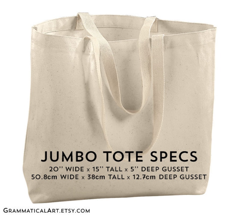 May include: A large, natural-colored canvas tote bag with thick straps. The bag is 20 inches wide, 15 inches tall, and has a 5 inch deep gusset. The bag is also 50.8 cm wide, 38 cm tall, and has a 12.7 cm deep gusset.