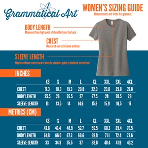 May include: A women's sizing guide chart with measurements in inches and centimeters for chest, body length, and sleeve length. The chart includes sizes XS through 4XL.
