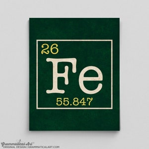 May include: A dark green print featuring the periodic table symbol for iron, "Fe", with the atomic number 26 and atomic mass 55.847. The design is in a vintage style with a textured background and the text "Grammatical Art" at the bottom.