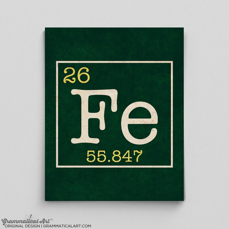 May include: A dark green print featuring the periodic table symbol for iron, "Fe", with the atomic number 26 and atomic mass 55.847. The design is in a vintage style with a textured background and the text "Grammatical Art" at the bottom.