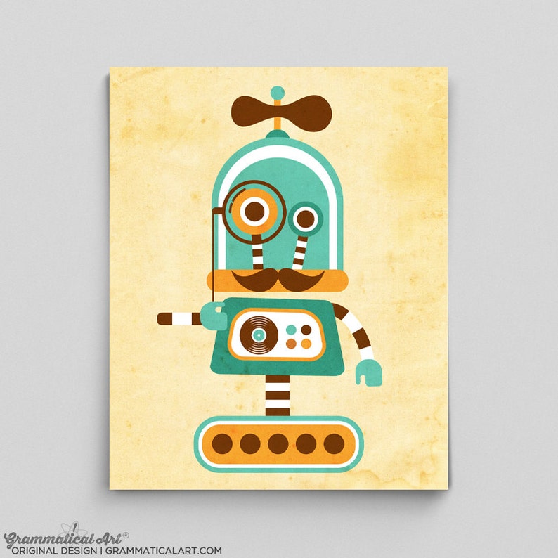 Cute Robot Print Science Hipster Robot Poster Boy Nursery Ideas Robotic Engineering Turquoise Orange Room Ideas Cute Boy's Room Robot Prints image 1