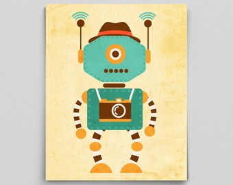 May include: A teal blue robot with a brown hat, black and white striped legs, and a brown camera on its chest. The robot is standing on a yellow background.