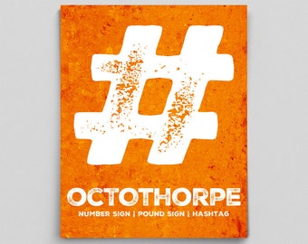 May include: A white hashtag symbol on an orange background. The text "ОСТОТНORPE" is below the symbol, and the text "NUMBER SIGN | POUND SIGN | HASHTAG" is below that.