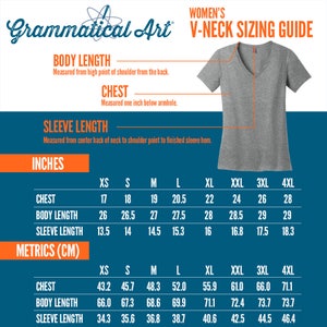 May include: A sizing chart for V-neck shirts with measurements in inches and centimeters. The chart shows the measurements for chest, body length, and sleeve length for sizes XS to 4XL.