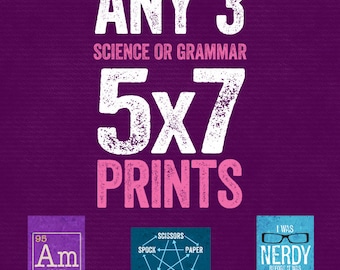 Set of Any 3 5x7 Prints - Grammar or Science - Grammatical Art Home Decor Gift Teacher Gift / Gifts for Teachers English Gifts