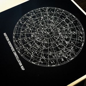 May include: A black and white star chart showing the constellations of the Northern Hemisphere. The chart is circular and includes the names of the months of the year around the edge. The text "NORTHERN HEMISPHERE CONSTELLATION MAP" is printed on the left side of the chart.
