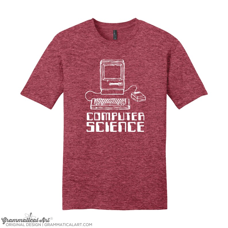 May include: Red heather t-shirt with a white graphic of a vintage computer, keyboard, and mouse. The text "COMPUTER SCIENCE" is printed below the image.